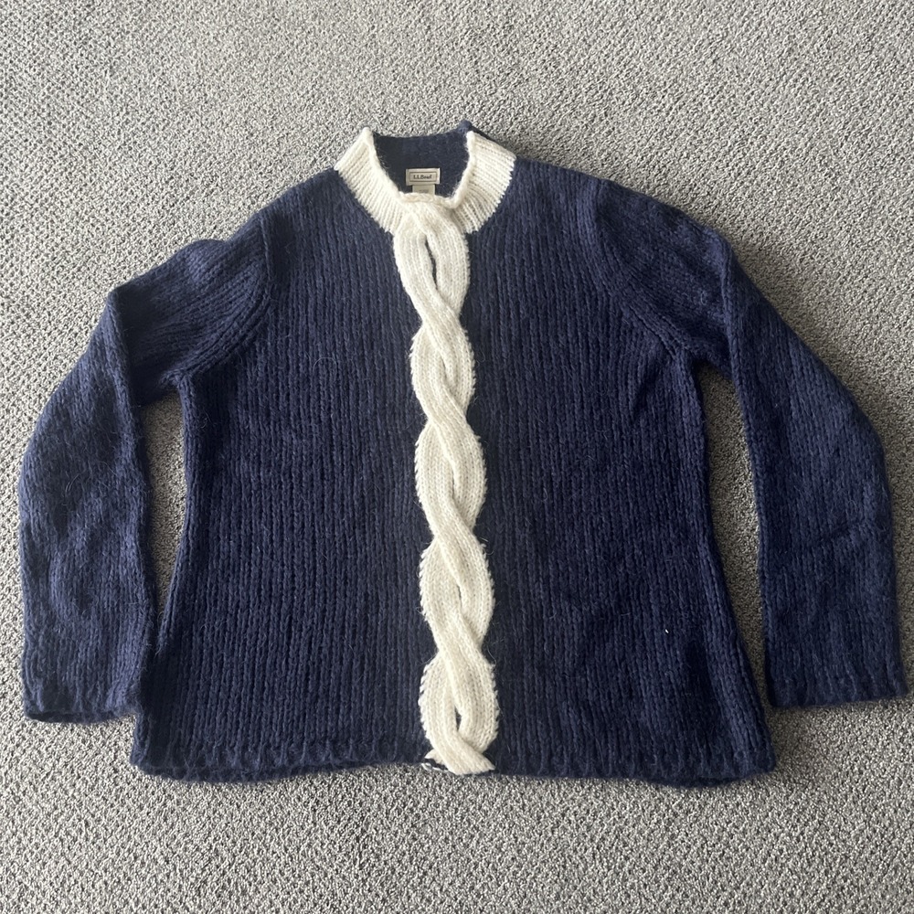 L L Bean Wool, Mohair Navy, Cream Roll Neck Nautical‎ Cable Knit Sweater. XL